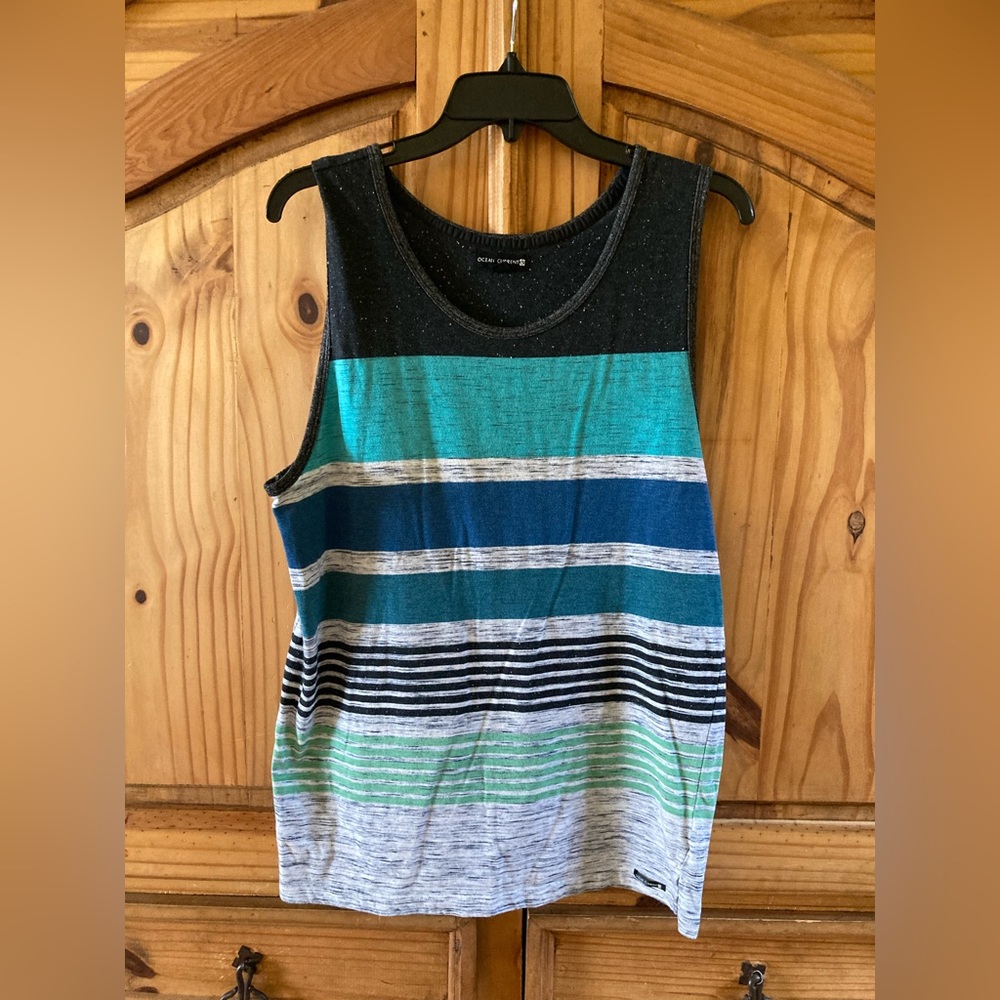 Men Ocean Current blue green black striped sleeveless tank top shirt size L